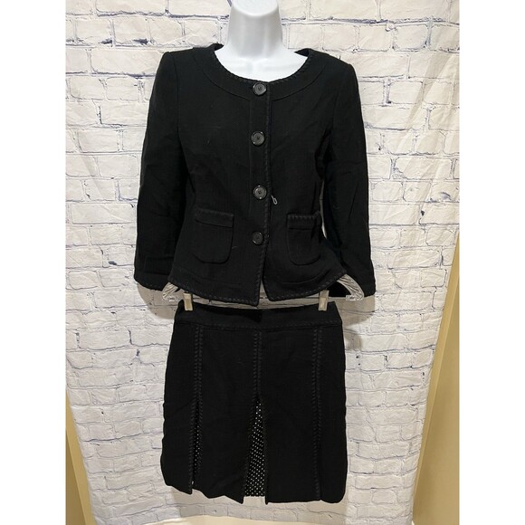 Ann Taylor Women's Black Collarless 3/4 Sleeve Skirt Suit Set Size 0/0 Petite - Picture 1 of 10